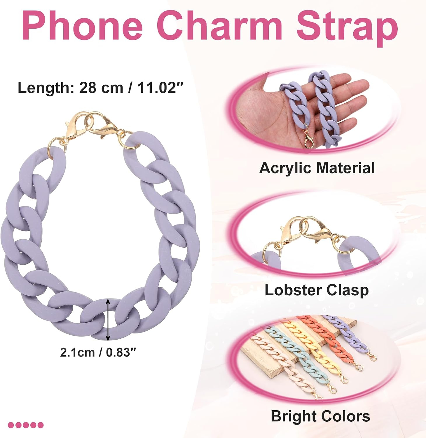uxcell Phone Wrist Strap, 11 Inch Acrylic Cellphone Chain with Tether Tab, Hands-Free Wristlet Strap for Women Phone Case Accessories, Purple image 2