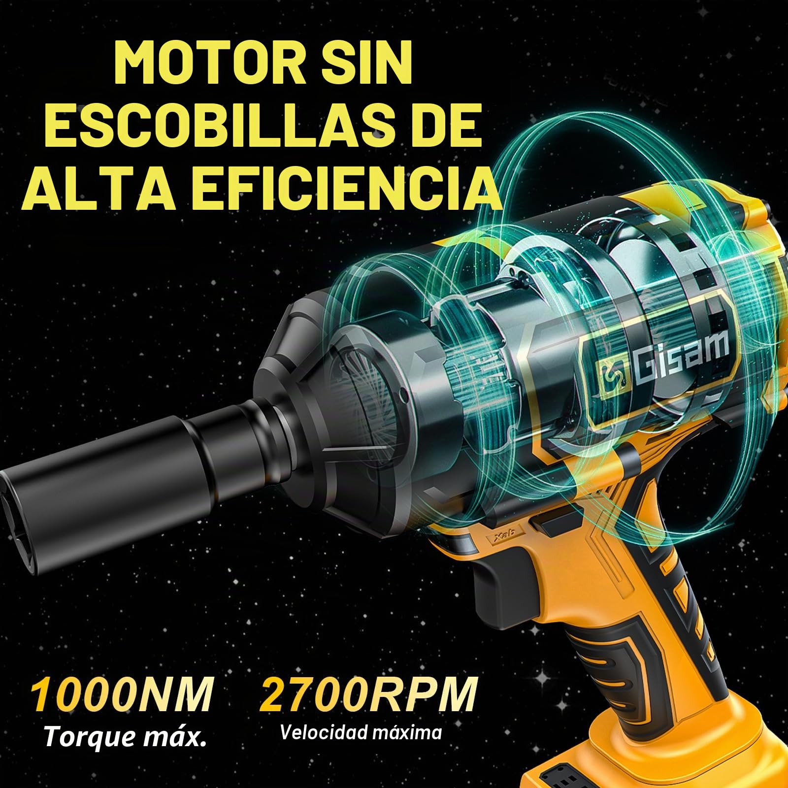Gisam 1000N.m Llave De Impacto con 8000mAh Baterías, 1/2 Pistola De Impacto Electrica para Coches Camiones,con 5Enchufes, Barra de extensión de 5",Atornillador de Impacto Giratorio Para Coche Tiers