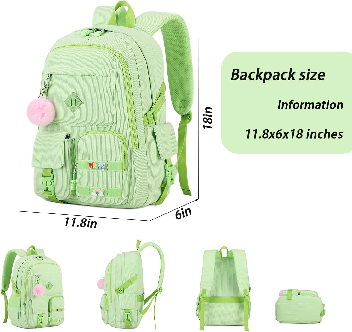 Girls Laptop Backpack Corduroy Bookbag For Teen Big Studen School Bag Durable Travel Daypack (5green) - Image 3