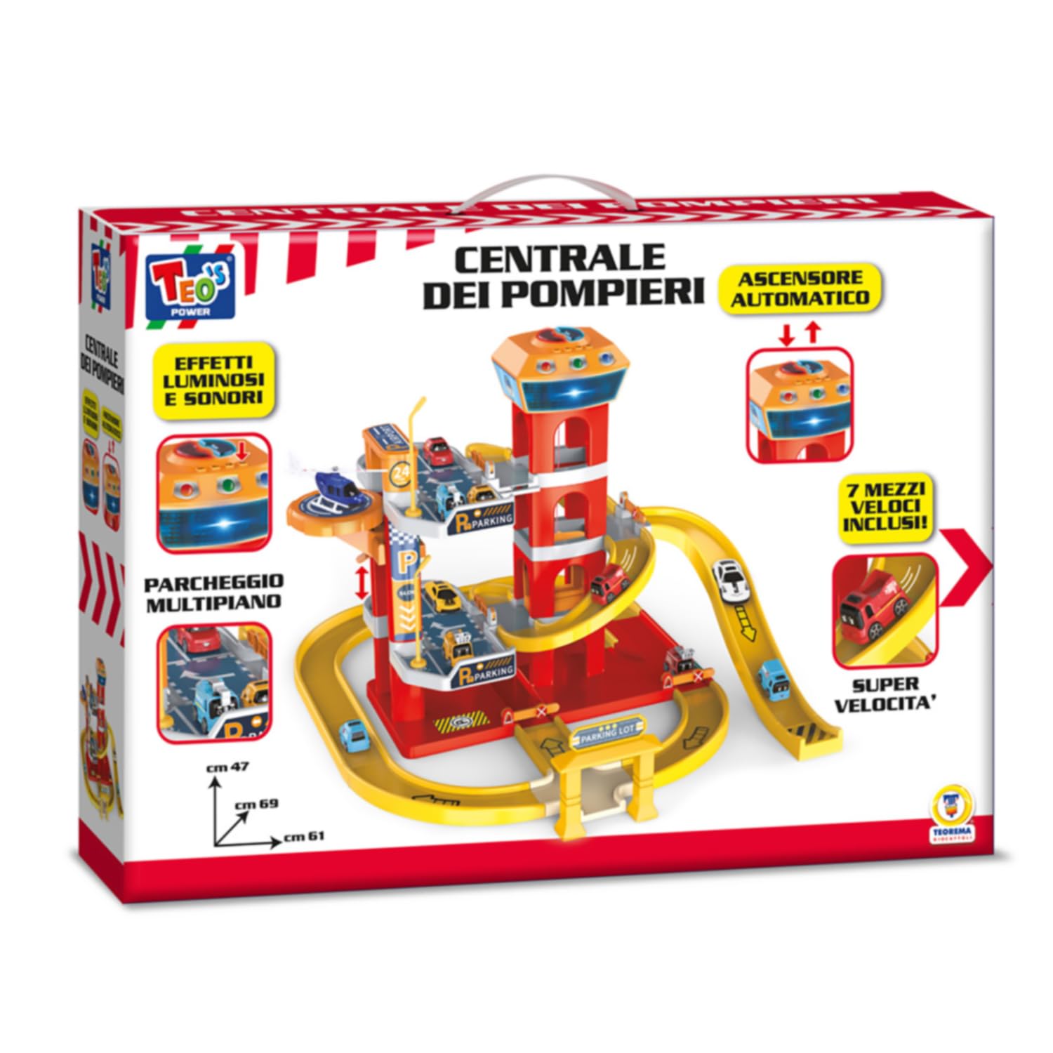 Teorema - Caserma dei Pompieri Giocattolo per Bambini, 4 Livelli, 7 Veicoli, Luci e Suoni