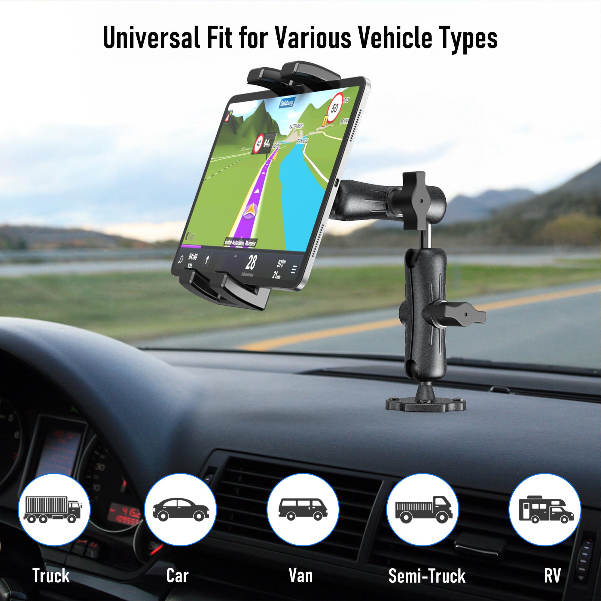 TECH SAFARI Aluminum Tablet Mount For Truck Holder Car Angle With Drill Base Ipad Dashboard Wall Boat Vehicle Compatible Default