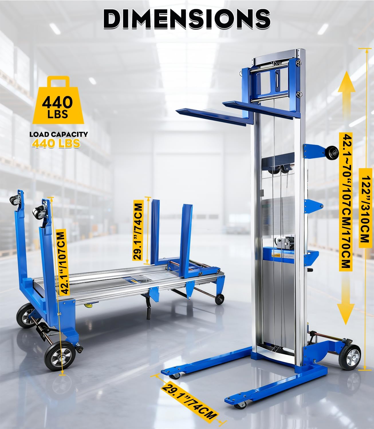 Material Lift Winch Stacker, 123'' Manual Material Lifts, Heavy Duty Pallet Truck Dolly with Adjustable Fork,6 Wheels, Adjustable Straddle Hand Winch Lift Trucks for Warehouse, Factory, Load 410 Lbs