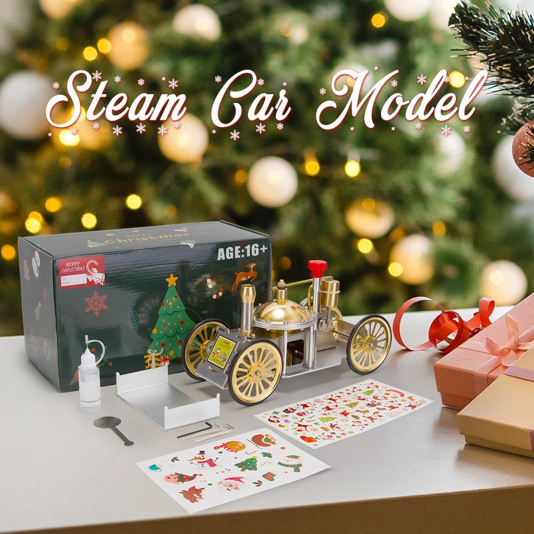 Steam Engine Model with Flying Saucer Boiler, Christmas Metal Steam-Powered Car Model Operational Scientific Education Collectible Gift (Assembled Version)