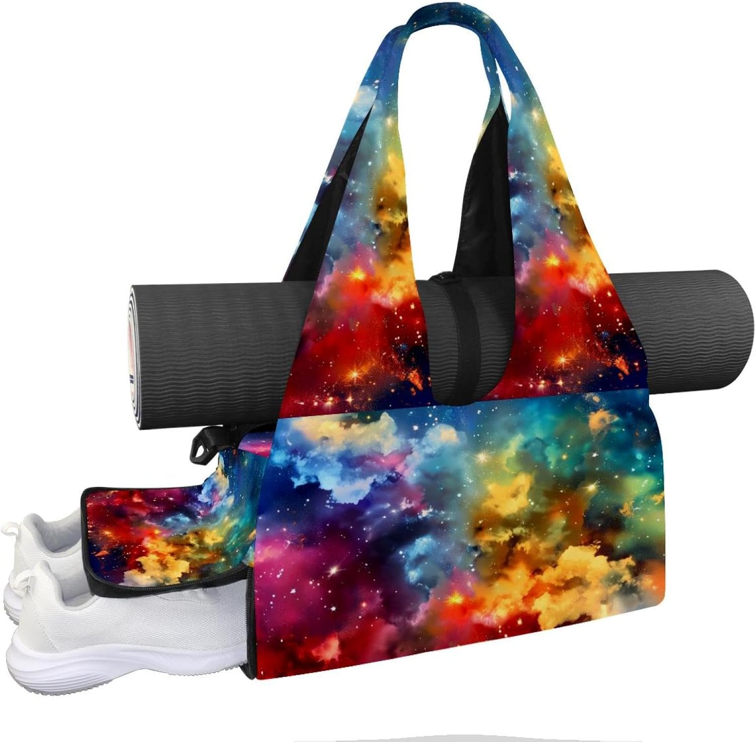 Gym Bag for Women, Starry Nebula Yoga Mat Bag with Shoe Compartment, Sport Yoga Gym Bag with Yoga Strap, Carryall Yoga Tote Bag