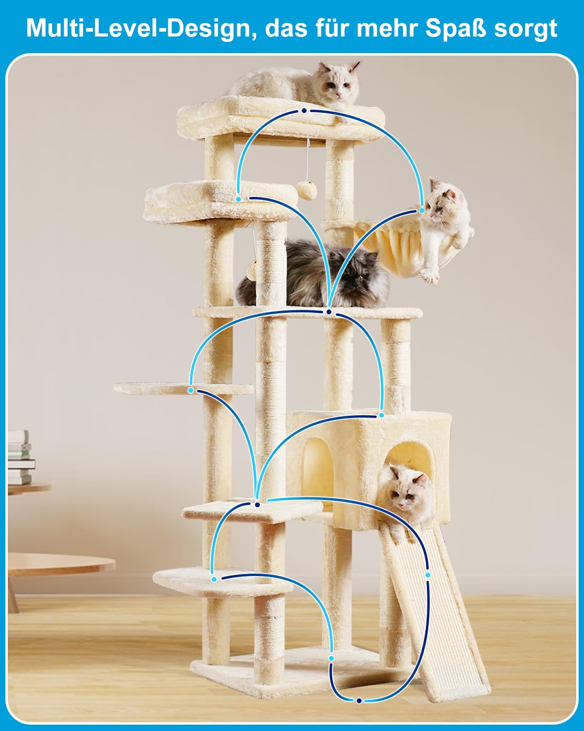 Hey-brother Kratzbaum, Stabil 159 cm Katzenbaum mit 2 Große Plattform, Großer Kratzbrett, Korb und Haus, Beige EMPJ029M
