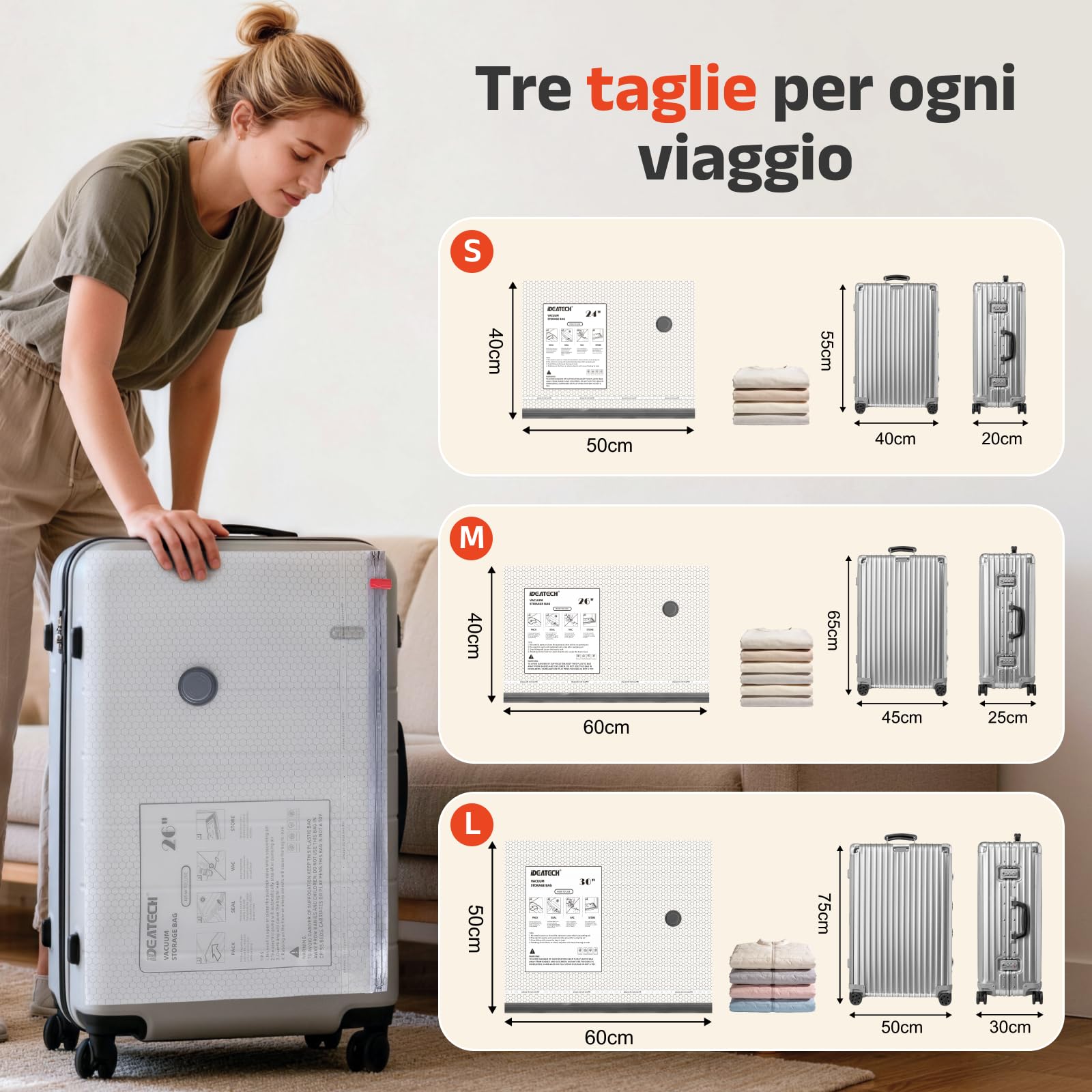 IDEATECH Sacchetti Sottovuoto Vestiti 12 Pezzi (4S 50x40cm+4M 60x40cm+4L 60x50cm) con Pompa USB Compressione Salvaspazio Riutilizzabile per Piumoni Viaggi