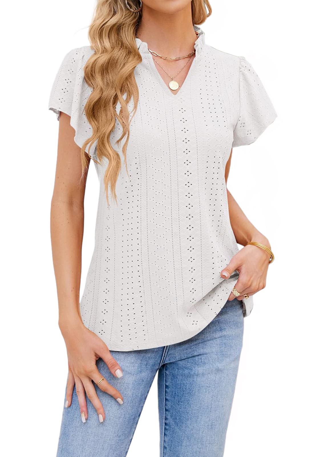 T1FE 1SFEWomen's Summer V-Neck T-Shirt Loose Elegant Ruffle Tops Stretch Airy Blouse