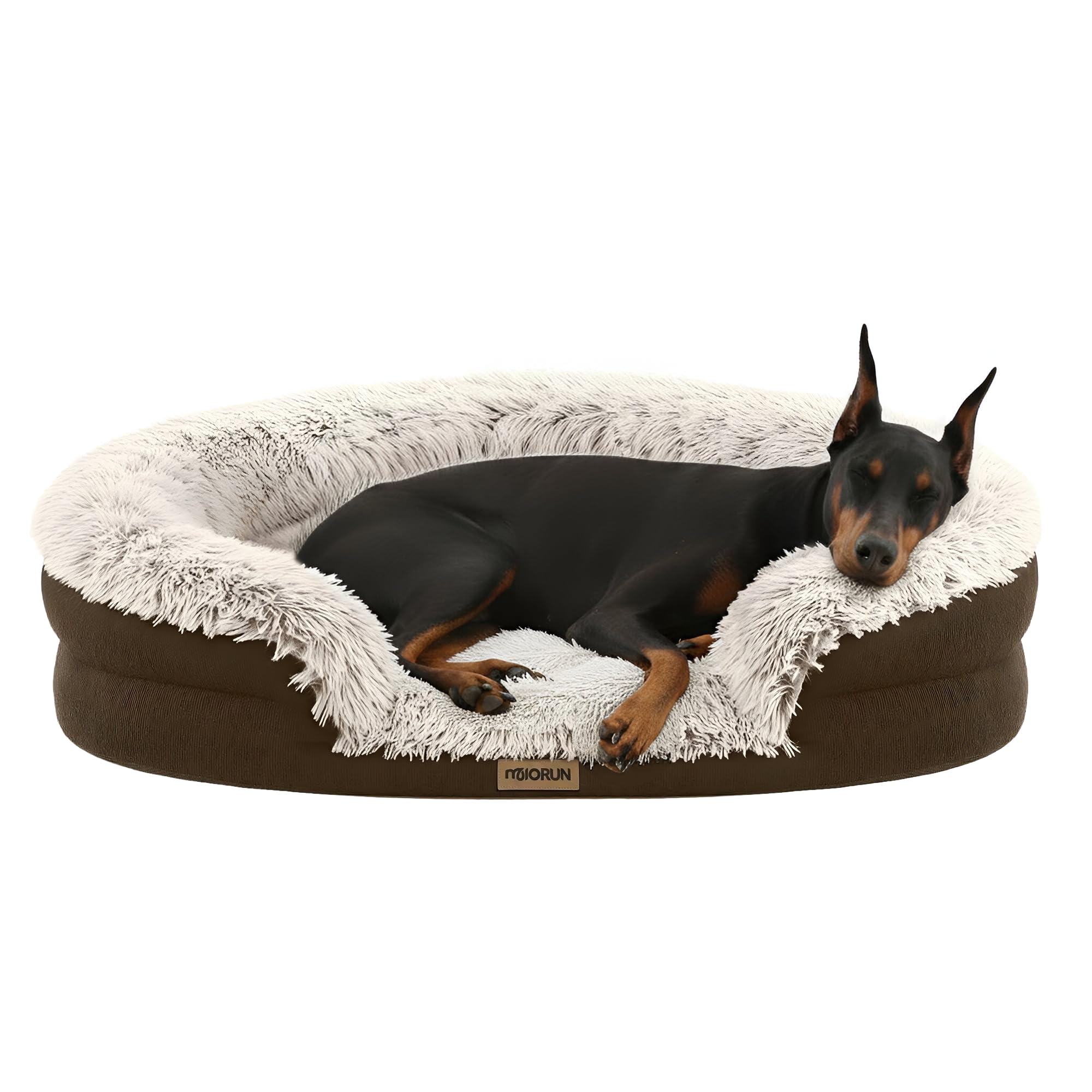 Fluffy Orthopedic Dog Bed for Extra Large Dogs, Calming Plush Sofa Bed with Curved Bolster Support and Egg-Crate Foam Base, 48" Cozy Oval Pet Donut Bed with Washable Cover, Coffee