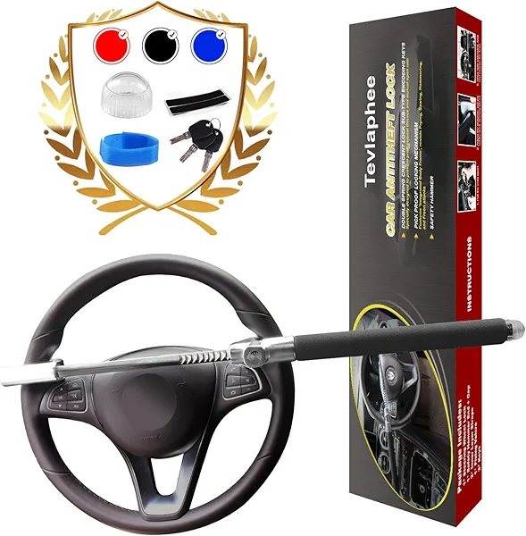 Tevlaphee Steering Wheel Lock For Cars,Wheel Lock,Vehicle Anti-Theft Lock,Adjustable Length Clamp Double Hook Universal Fit Emergency Hammer Window Breaker Self Defense Heavy Duty Secure Bla