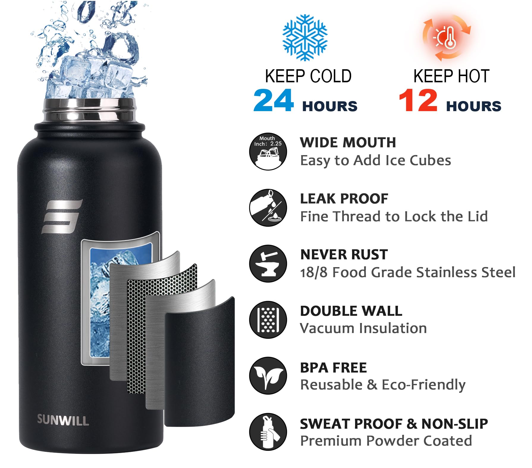 SUNWILL Metal Water Bottle 1l Stainless Steel - Image 3