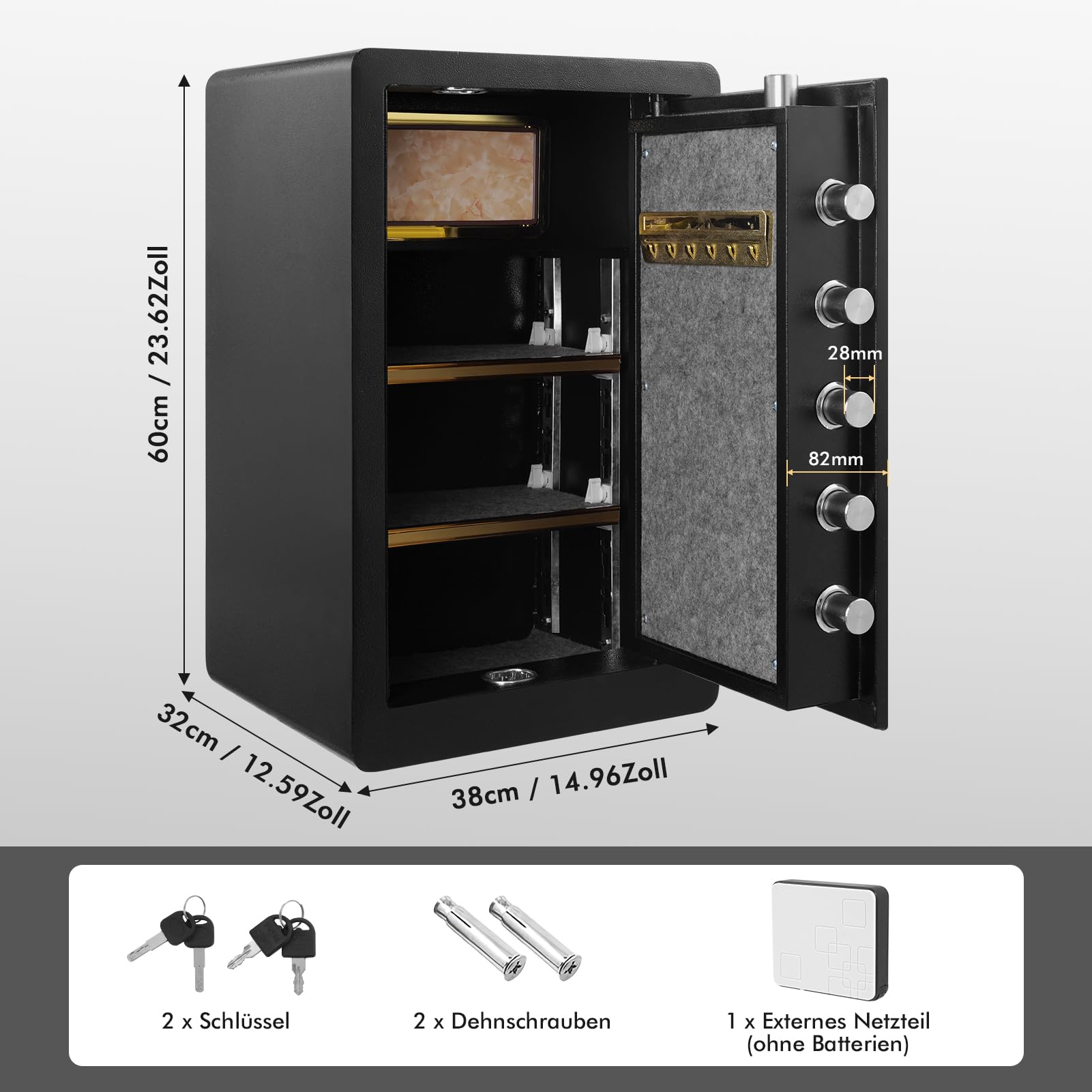 73L Großer Feuerfester Tresor,Elektronischem Tresor mit Passwort & Schlüssel,Digitaler Möbeltresor mit Herausnehmbares Regal,Alarmanlage,Heimtresor für Bargeld, Schmuck, Dokumente, Wertsache