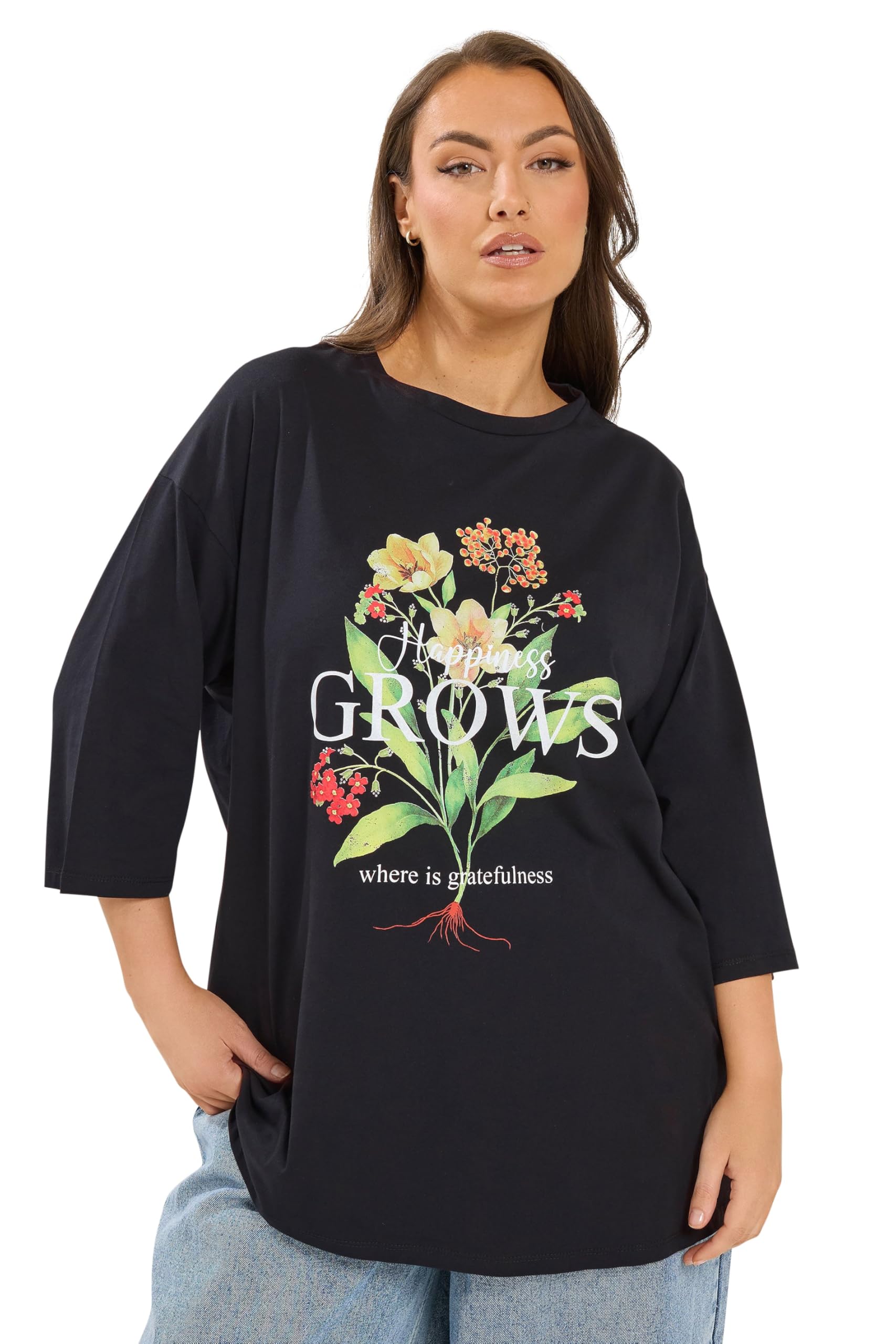Yours Women's Black Curve 'Happiness Grows' Floral T-Shirt - Plus Size Curve