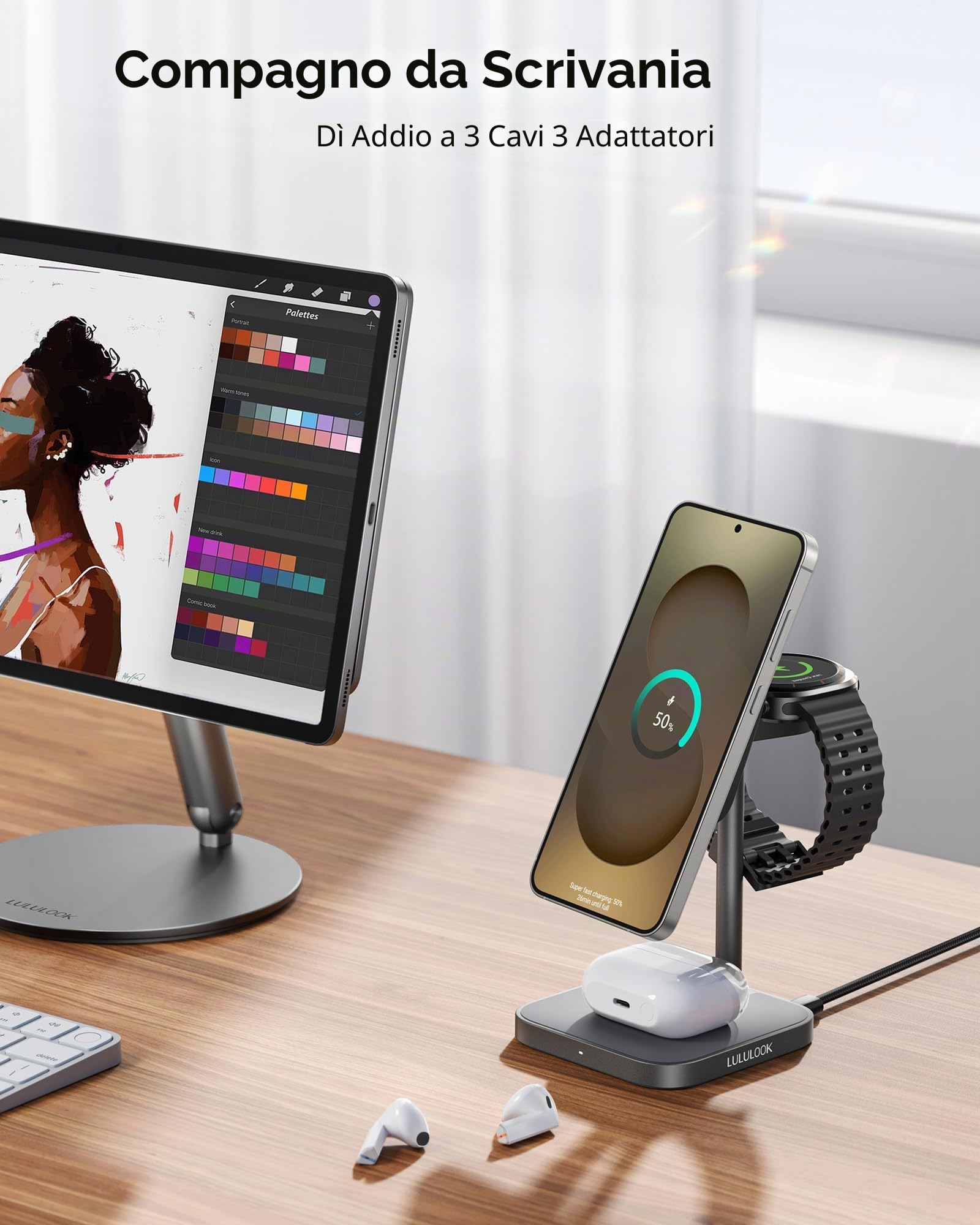 LULULOOK Stazione di ricarica per Samsung,caricatore rapido 3 in 1 da 15W wireless in alluminio per Galaxy S25 Ultra S24,S23 S22,Note,Z Fold 7,Flip,caricatore da 5W per Galaxy Watch Ultra/7/6/5/4/Buds
