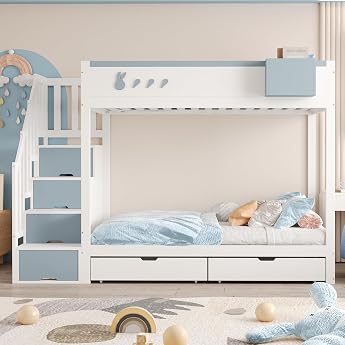 Etagenbett 2 Kinder Kinderbett 90x200 cm mit Einzigartige Patterns Hochbett mit Treppe und Schubladen Stockbett Holzbett mit Stauraum und Rausfallschutz Wei +Blau Ohne Matratze