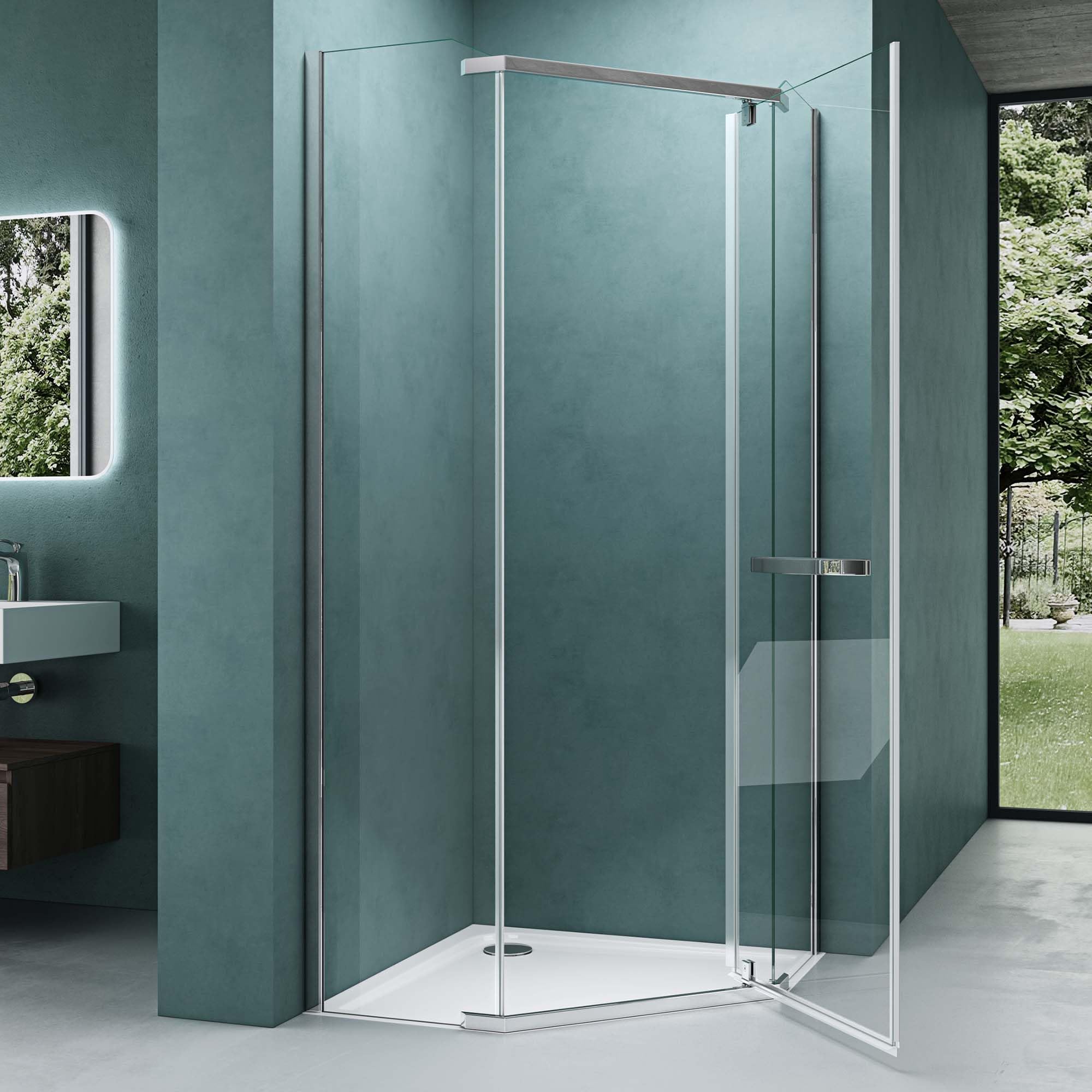 Mai & Mai cabine de douche en quart de cercle pentagonal en angle 80x80cm avec une porte verre transparent de 8mm easy clean Rav08K