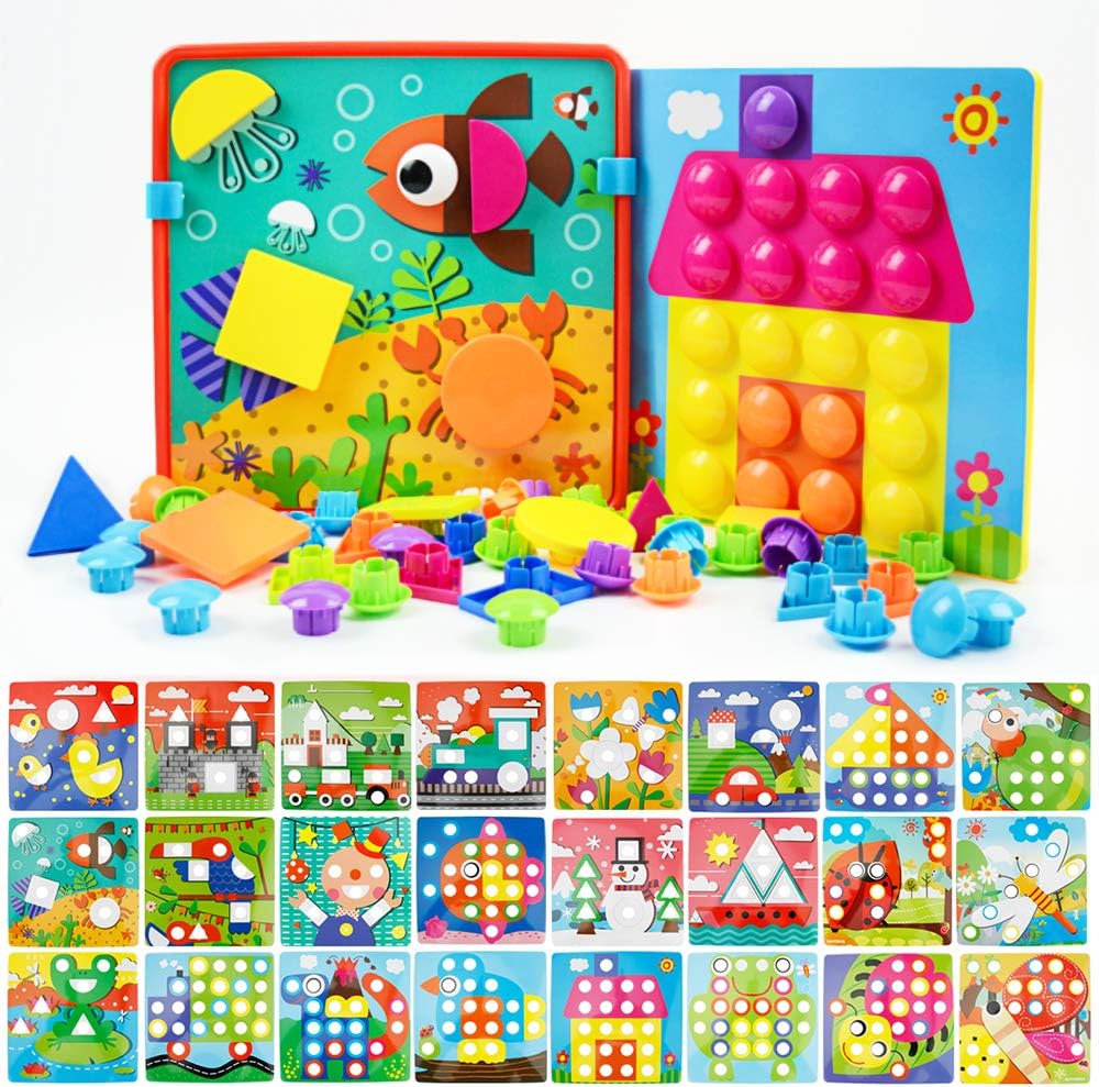 JoyGrow Button Art Toys Color and Geometry Shape 2 in 1 Matching Mosaic Pegboard Early Learning Educational Toy for Boys and Girls