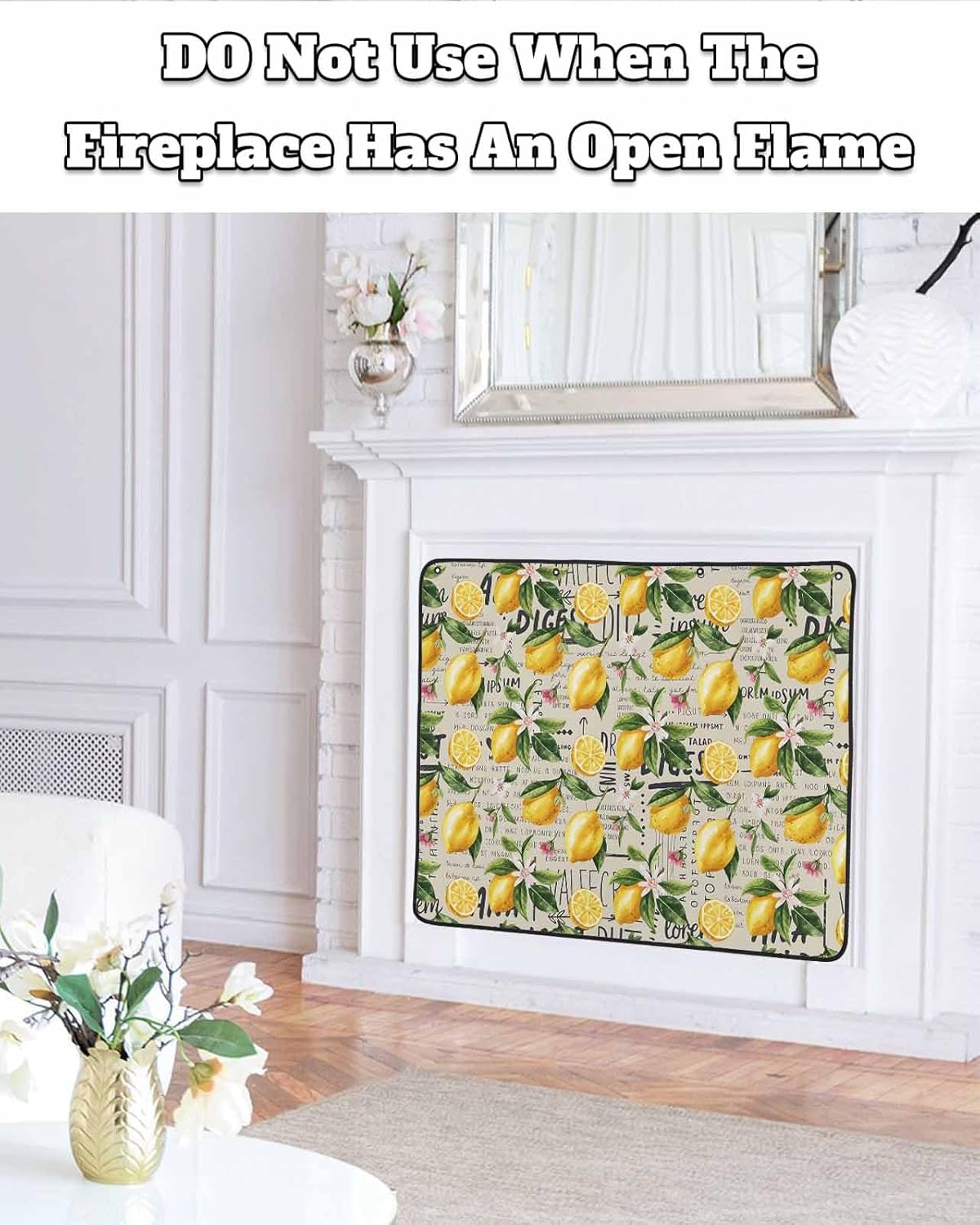 Magnetic Fireplace Cover FloralLemon Fireplace Screen Decorative Yellow Summer Fruit Vintage Text Insulation Fireplaces Blocker Save Energy Fireplaces Draft Stopper Covers for Living Room 36x30