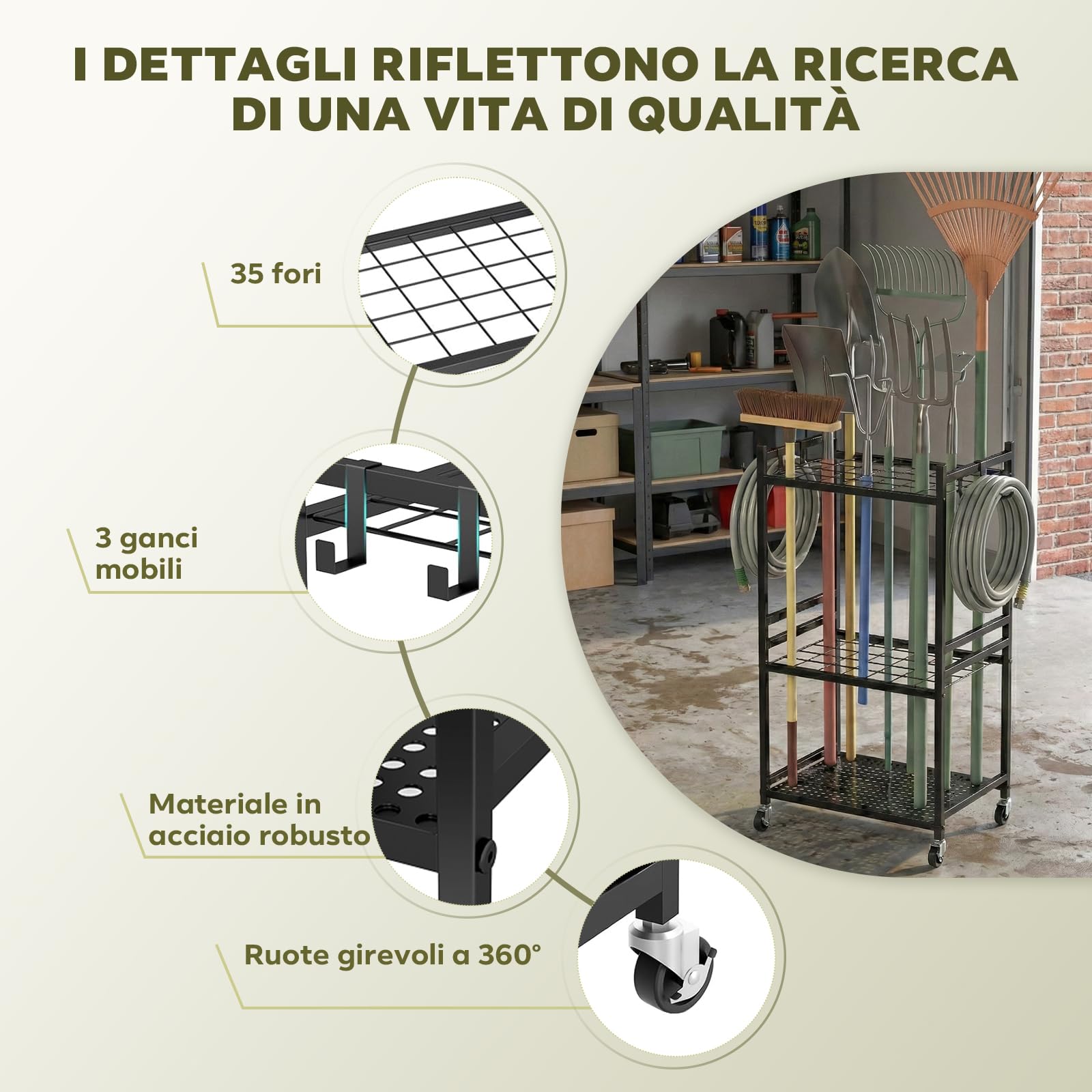 Carrello Organizzatore 3 Ripiani con Ruote – Scaffale Mobile per Attrezzi, Giardino, Cucina & Garage, in Metallo, Nero