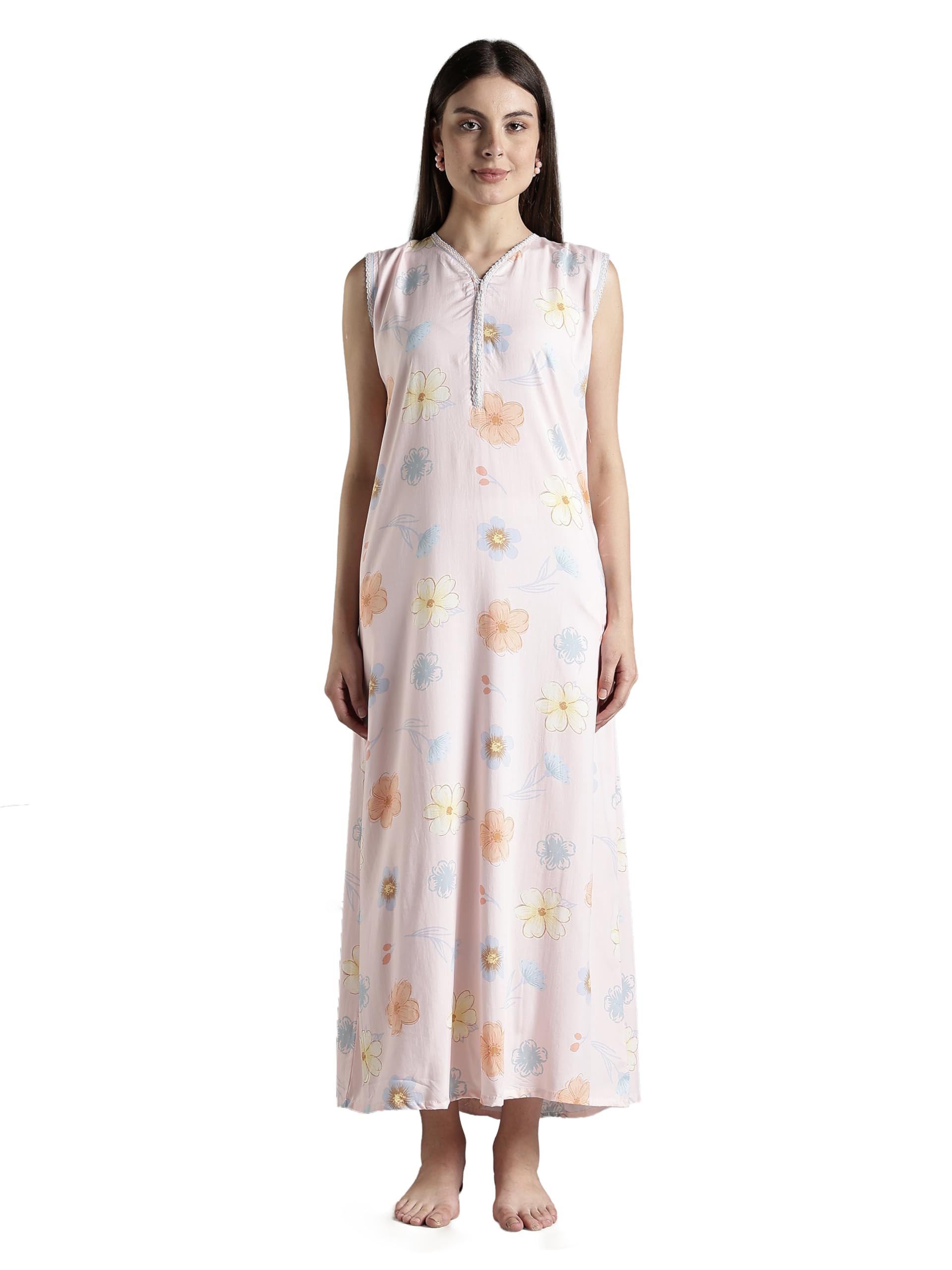 Premium Rayon Printed Designer Nighty with Front Zip Sleeveless | Night Gown | Soft Rayon Maxi Length Nightdress for Women (Extra Sleeves Attached)-image-46