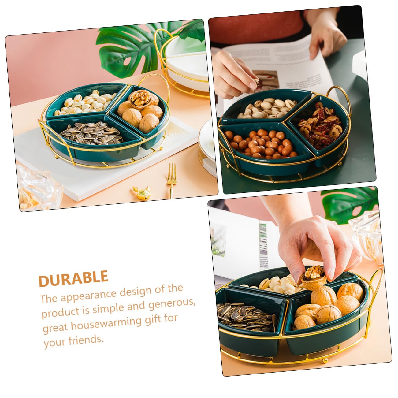 DOITOOL Plateau à Trois Compartiments en Céramique et Fer, Vert | Grand Format, avec Rack, Design Simple et Généreux, pour Rassemblements et Mariages