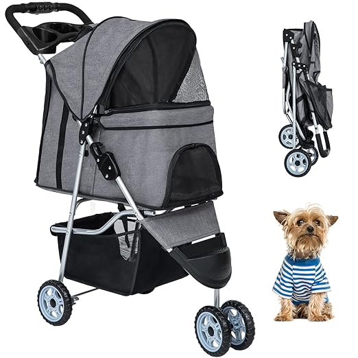 BestPet Pet Stroller Dog Cat Jogger Stroller for Medium Small Dogs Cats Folding Lightweight Travel Stroller with Cup Holder (Grey, 3 Wheels)