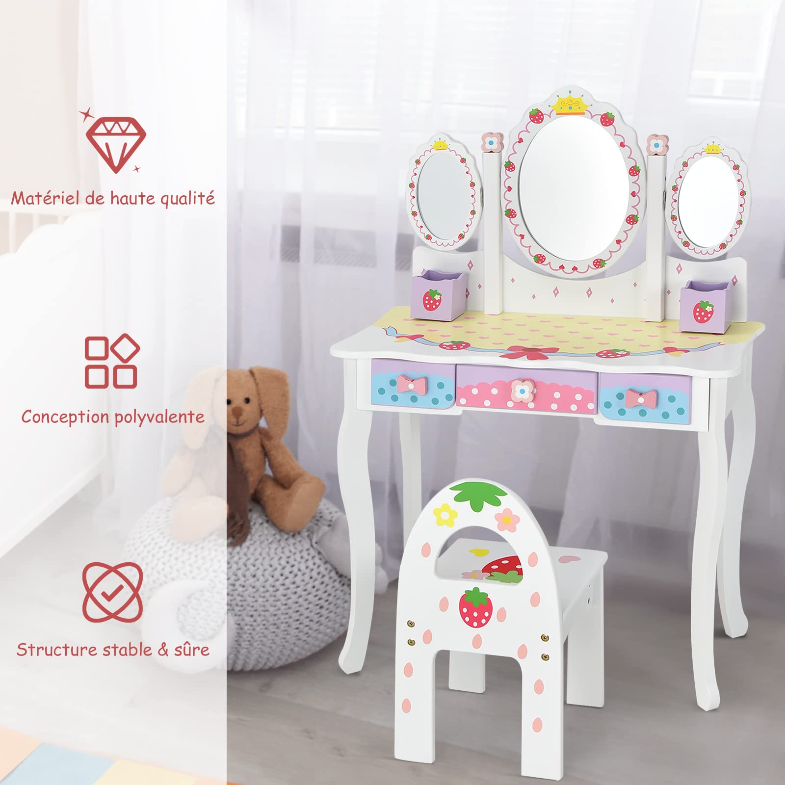 HOMCOM Coiffeuse Pour Enfant Avec Tabouret 3 Miroirs Et Tiroir 3 à 6