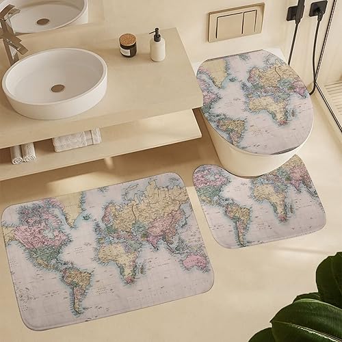 Miniatura 5 de World Map - Juego de alfombras de baño para 3 piezas, tapetes de inodoro, suaves y cómodos, absorben el agua, antideslizantes, más fáciles de secar