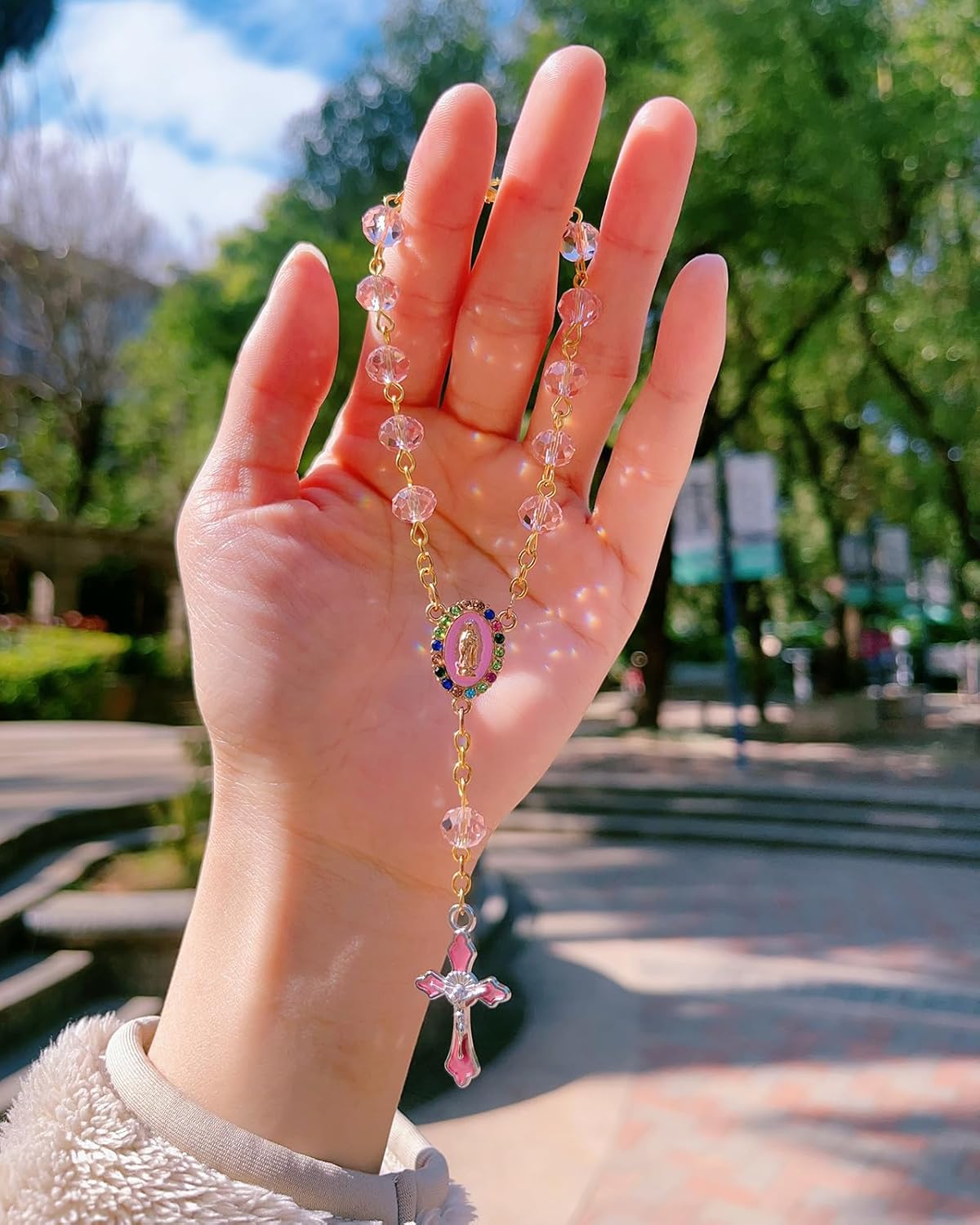Car Rosary for Rearview Mirror Hanging - Catholic Religious Devout Gift with Virgin Mary Charm and Crucifix, Ideal Catholic Rosary Gifts for Men & Women (Pink) - Image 2