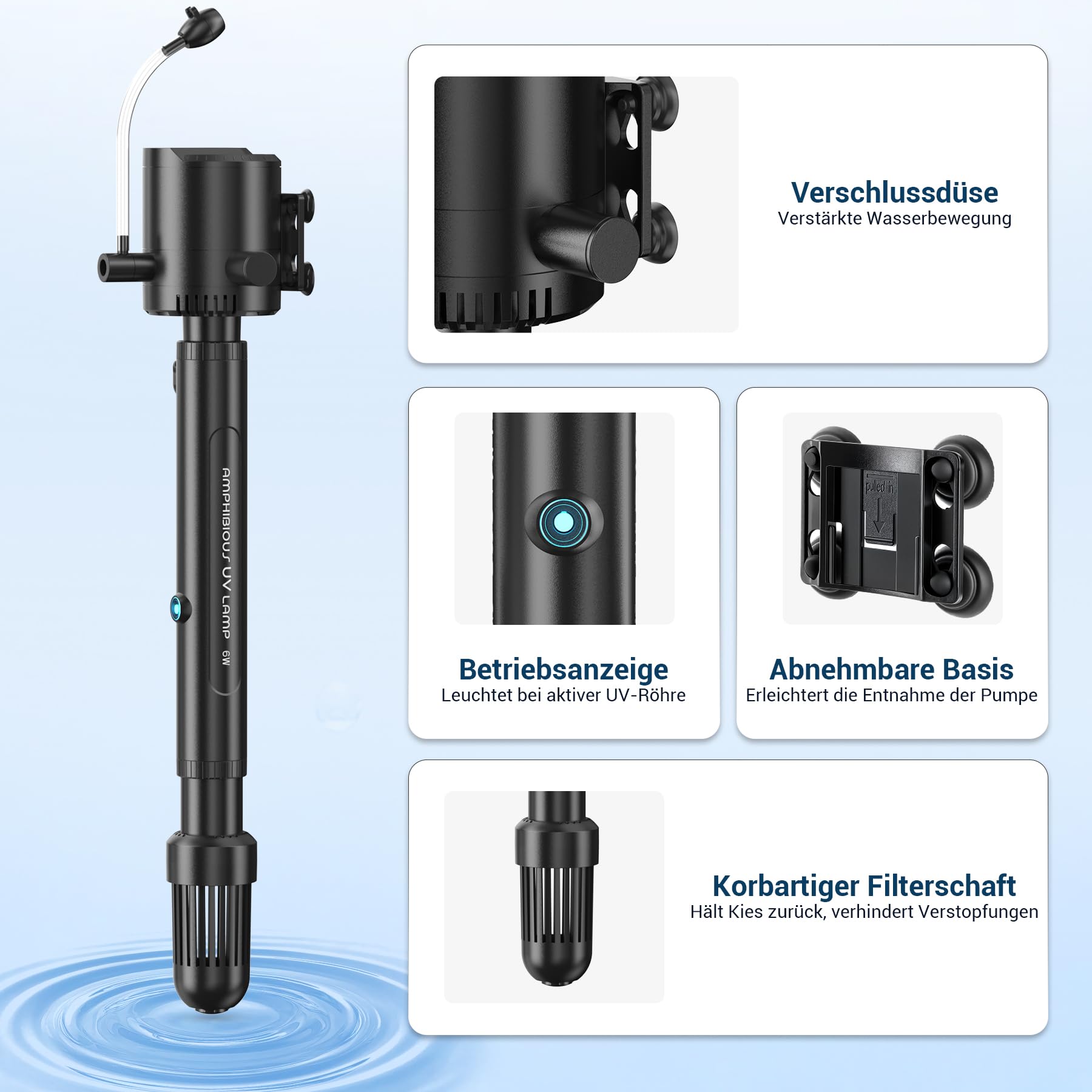 Filtro interior para acuario con esterilizador UVC y temporizador, bomba de filtro 5 en 1 para depósito de peces de 60 – 130 L, lámpara de 8 W, antialgas U-V clarificador para peces de agua