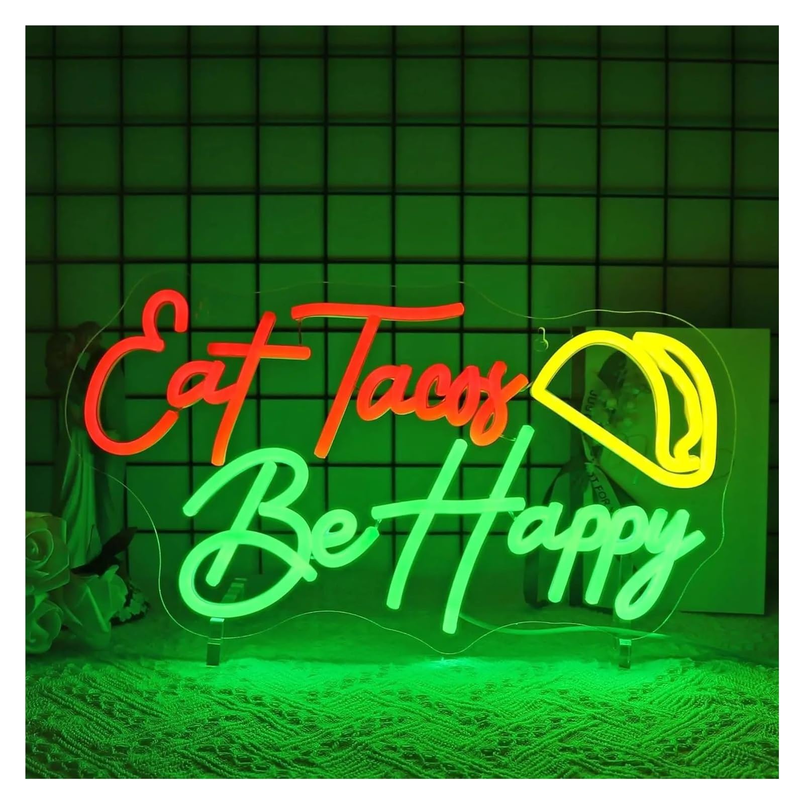 XENITE Hanging Art Neon Signs Eat Tacos Be Happy Neon Sign Dimmable for Business Restaurant Store Market Food Truck Decoration 42x23cm