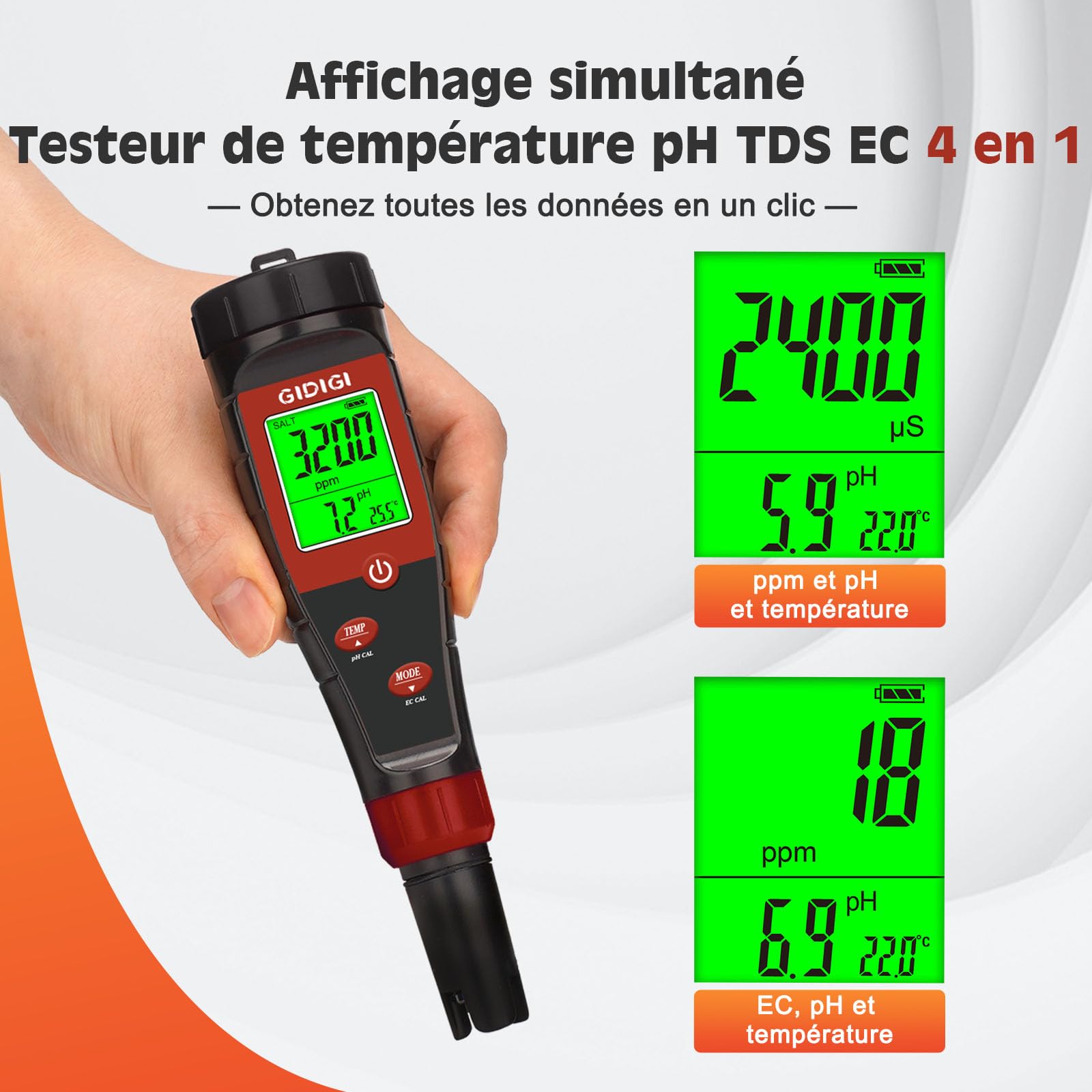 pH-mètre pour Eau hydroponique, testeur de pH numérique, testeur TDS, EC PPM pour nutriments végétaux, conductimètre 4 en 1, Stylo pH pour Eau Potable, Eau de Javel, Plantes d'intérieur