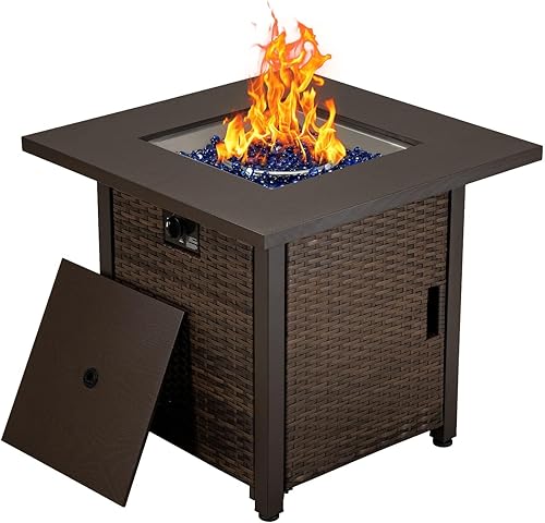 HANLIKO-Brown - Mesa para fogata al aire libre de 28 pulgadas, mesa de mimbre para patio de 50,000 BTU, mesa de madera sintética, jardín exterior,