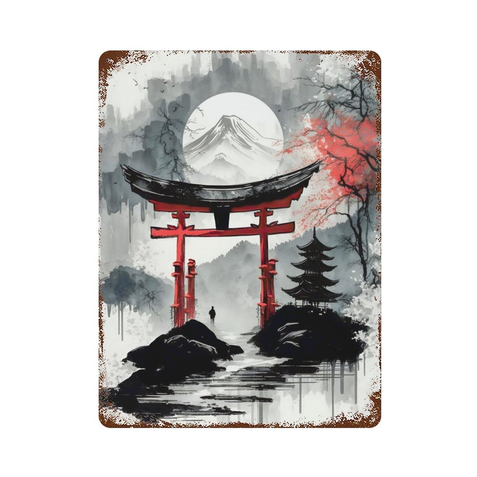 Garage Style Japanese Torii Gate Paint Distressed Metal Wall Sign 15.7"x11.8", Novelty Wall Decor for Bar And Workshop