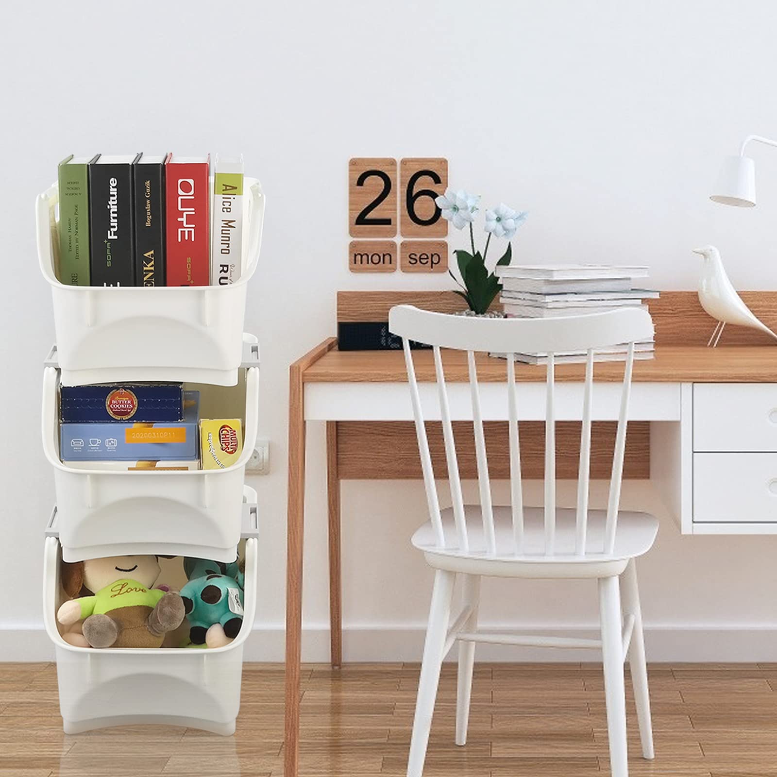 Cesta De Almacenamiento Apilable De Plástico, 3 Paquetes, Blanco