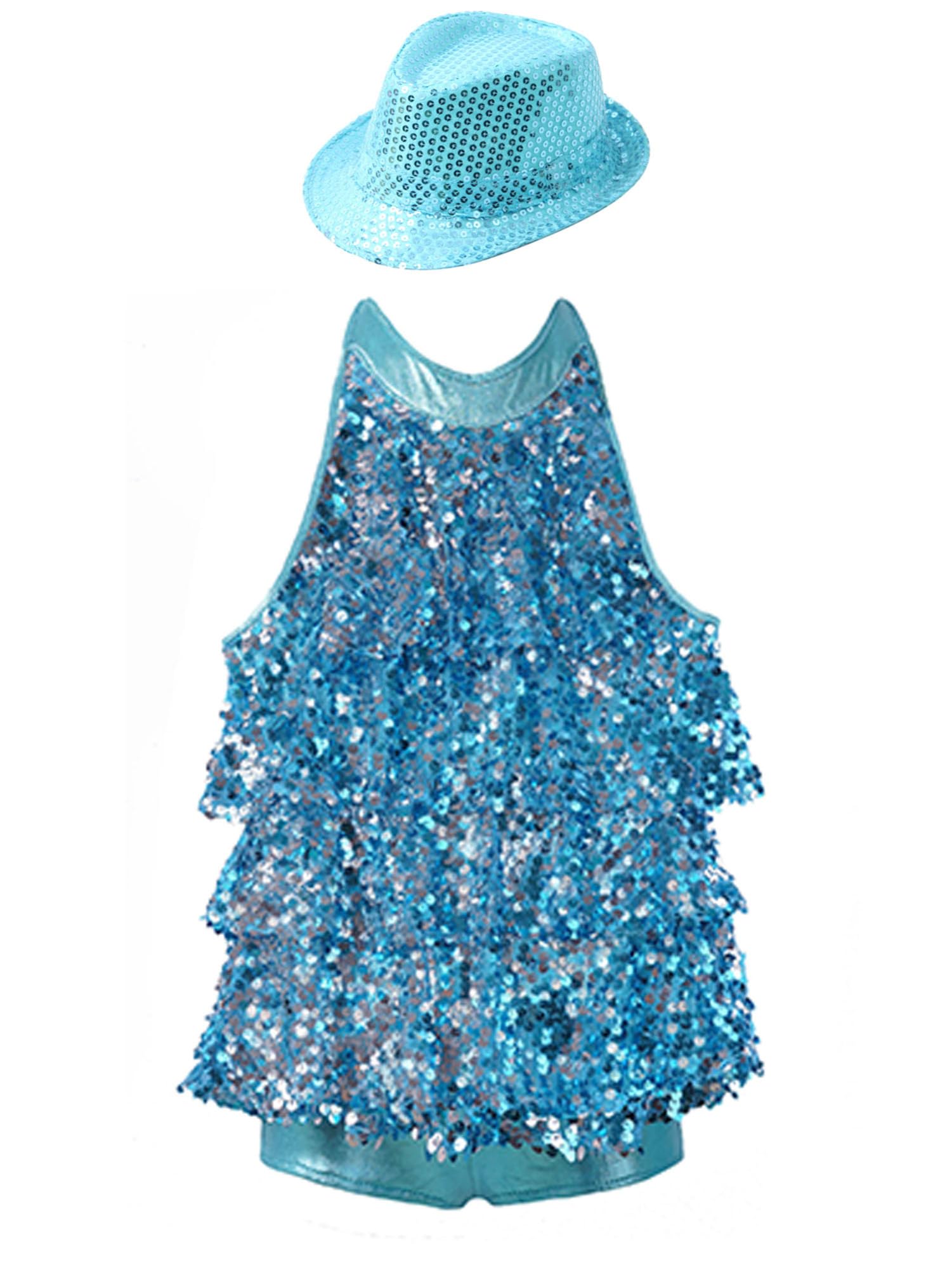 IEFIEL Mono Lentejuelas de Baile Latino Jazz para Niña Maillot de Ballet sin Manga con Sombrero Maillot de Patinaje Disfraz de Danza Competición 3-16 Años