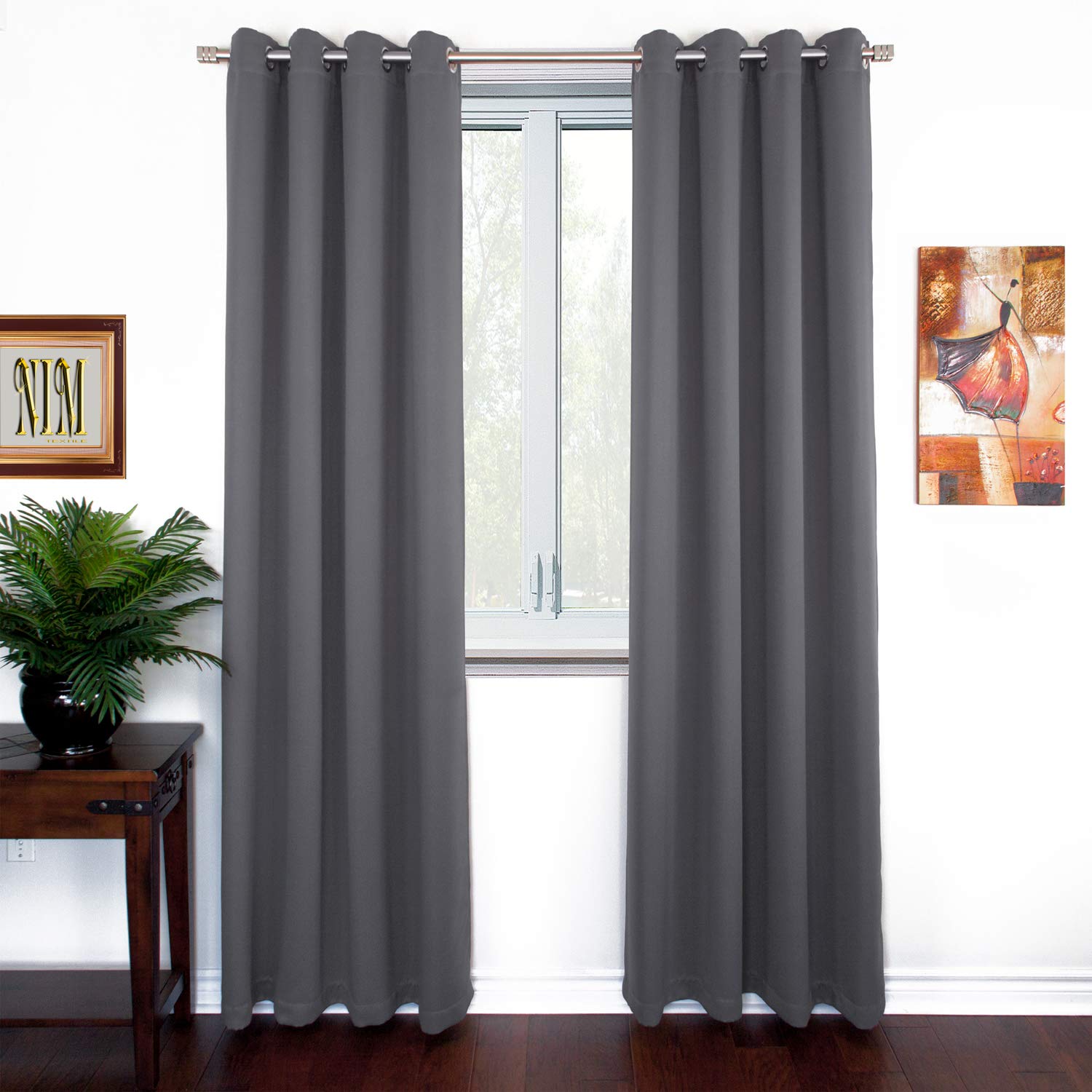 NIM TEXTILE Thermal Insulated Blackout Curtains, 90" Total Width, Room Darkening Window Panel Grommet Top Drapes - 2-Panels Set, 45" W x 84" L, Dark Grey