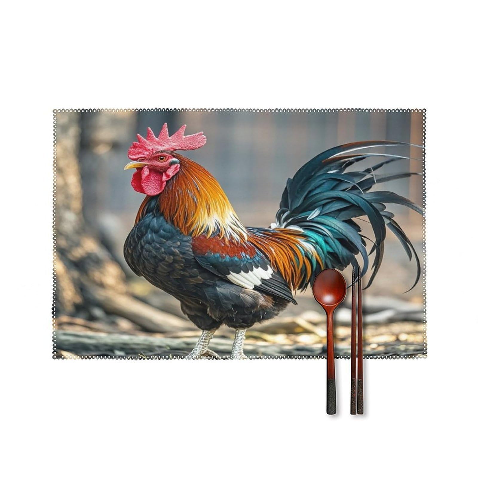 Old Rooster Illustration Placemats Set of 6 Washable Farmhouse Dining Table Mat Non Slip Heat Resistant Non-Slip Place Mats Easy Clean Table Protective Placemats for Indoors & Outdoors