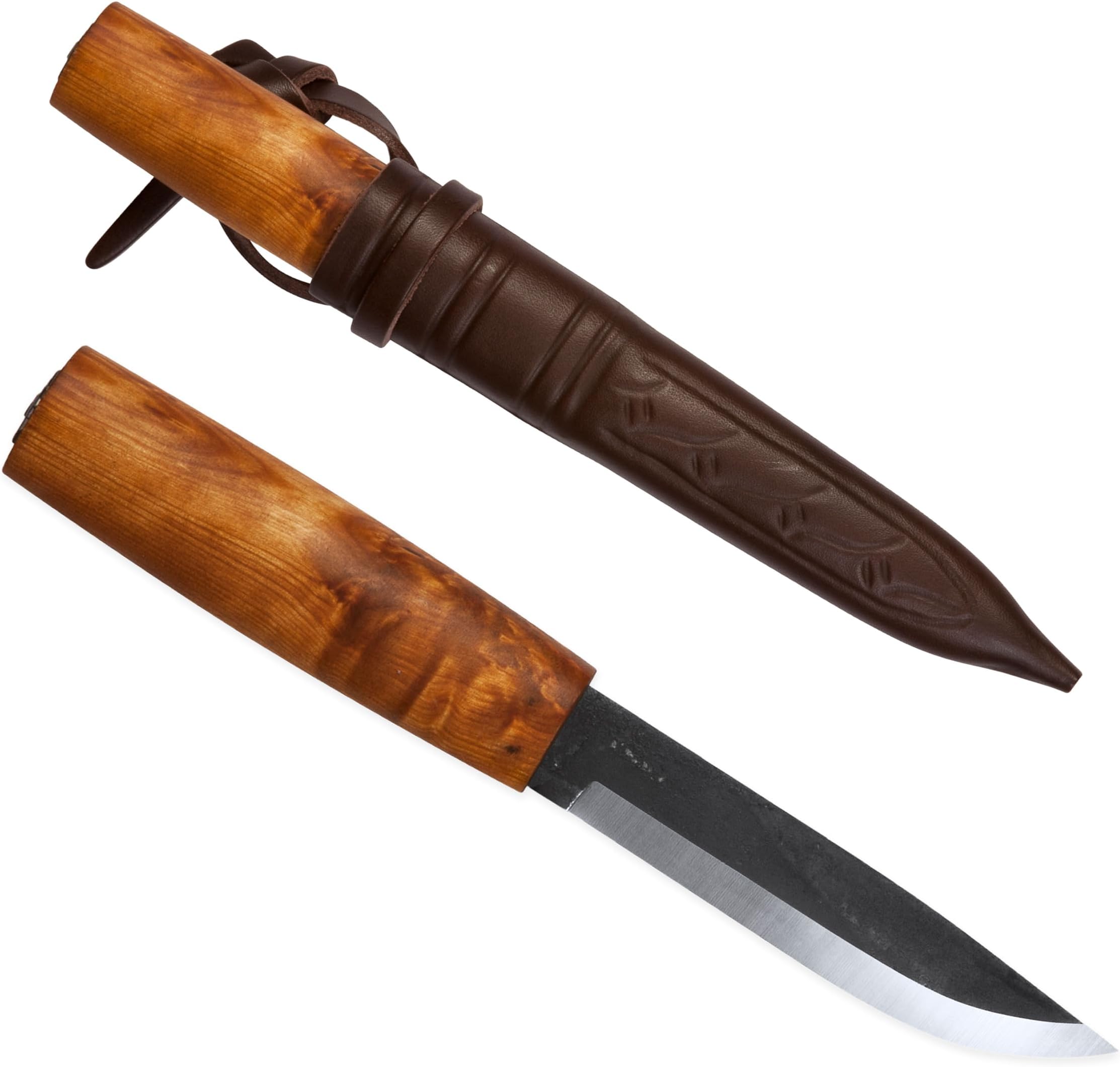 HELLE Knives - Viking - Traditional Fixed Blade Knife - 4.33" Triple Laminated Carbon Steel Blade with Curly Birch Handle and Leather Sheath - Made in Norway