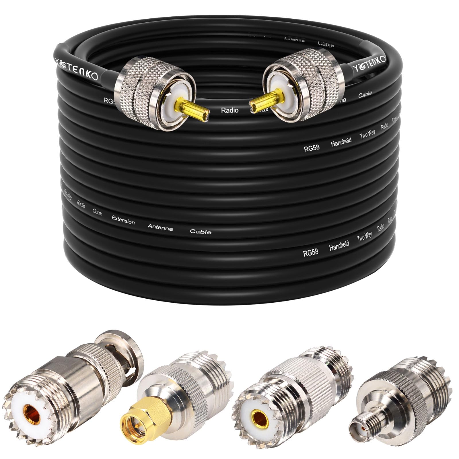 Ham Radio Câble coaxial RG58 50 Ohm, 23 m, PL259 mâle vers SO239 femelle, avec 4 adaptateurs (SMA/UHF/BNC/SO239), pour CB, Amateur, Ham Radio Antenne