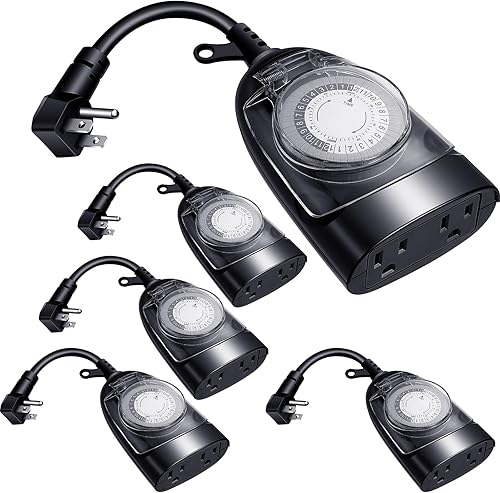 Kanayu Temporizador para exteriores, 5 unidades, temporizador de luz para exteriores, 24 horas, programable, doble salida, temporizador enchufable,