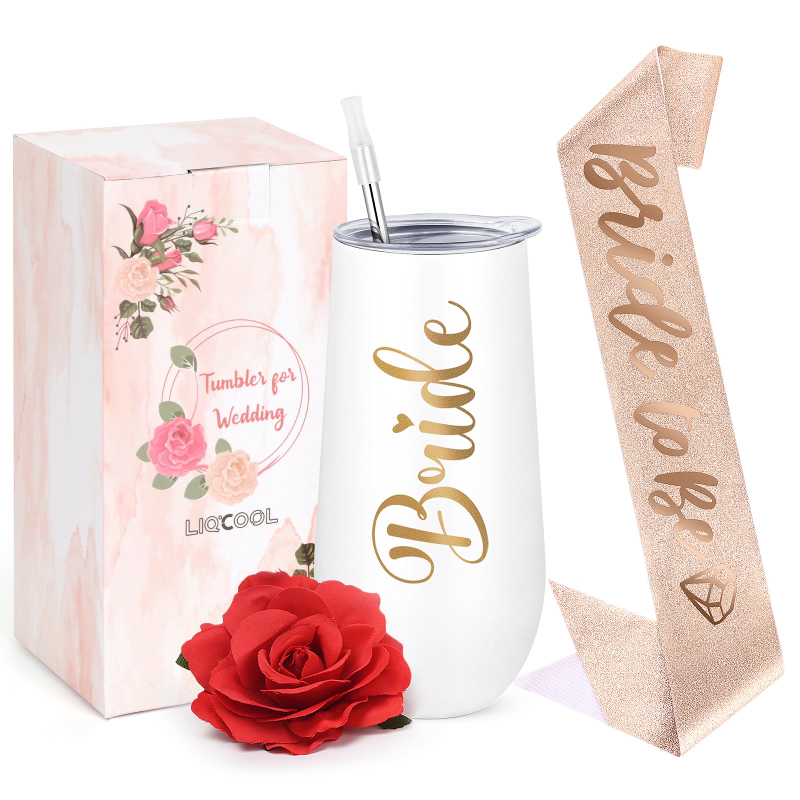 LiqCool Bride Gifts, Bride to Be Gifts, Bridal Shower Gifts for Bride to Be, Bachelorette Gifts for Bride, 12 Oz Bride Champagne Flutes Tumbler, Stainless Steel Bride Cup(White)