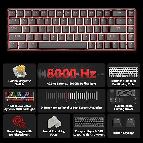 Miniatura 2 de DIERYA Teclado DK68-C 60% Gaming HE, interruptor magnético intercambiable en caliente, disparador rápido, accionamiento ajustable, frecuencia de