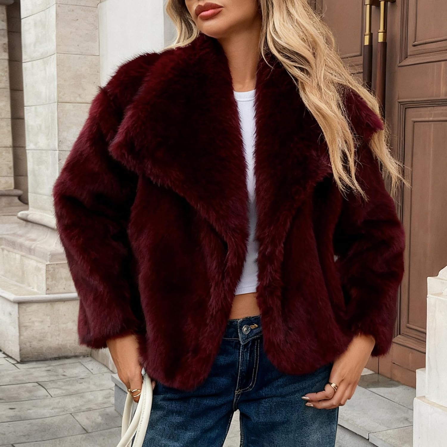 WOWULOVELY Women's Faux Fur Coat Lapel Fluffy Faux Fur Jacket Long Sleeve Furry Overcoat Winter Warm Shaggy Parka - Image 3