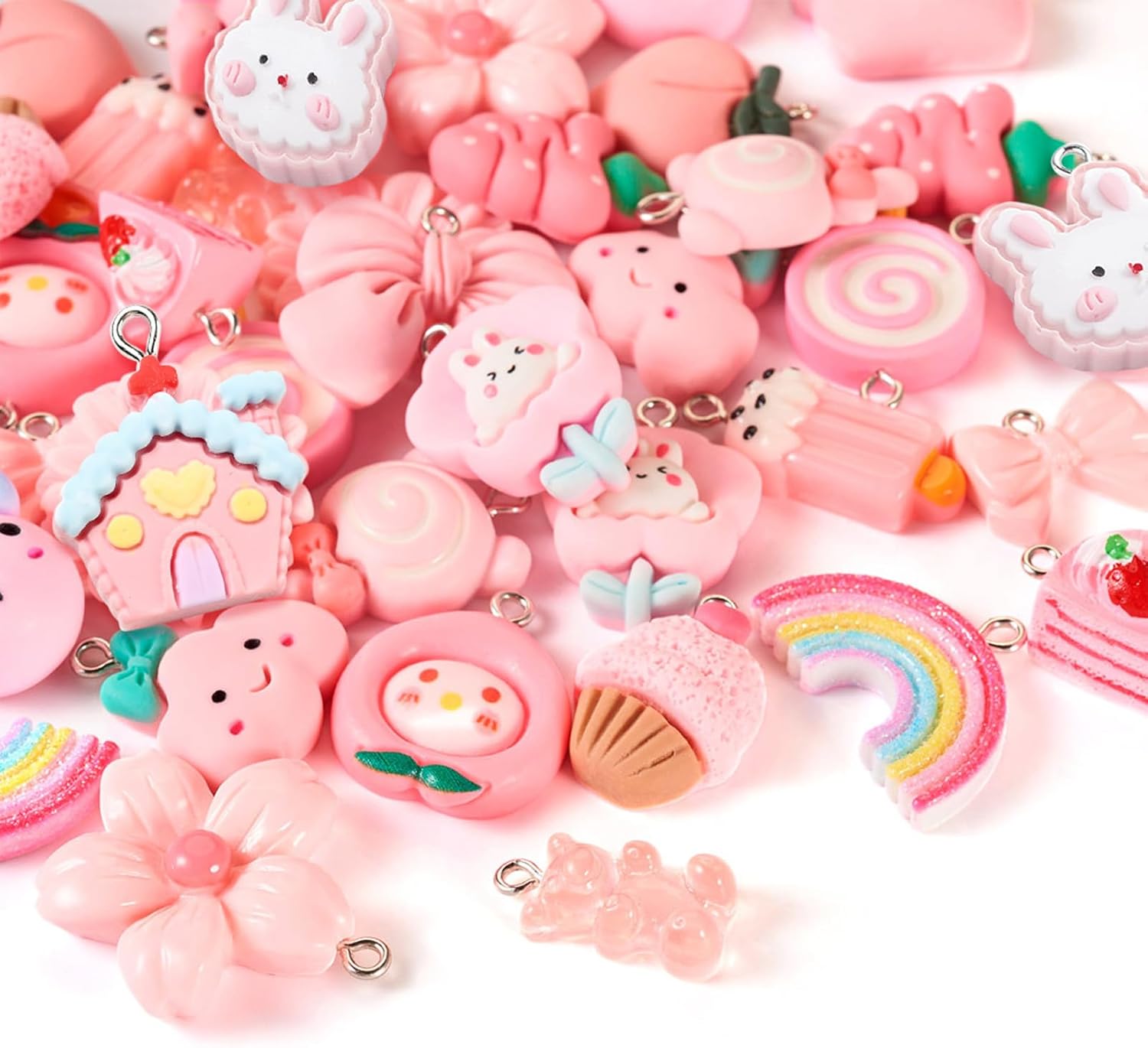 Beadthoven 38pcs 19 Styles Resin Charms: Pink Rabbit Cake Sunflower Bowknot Mini Cute Animal Food Fruit Dangle Charms for Jewelry Making - Image 7