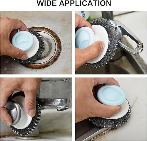 Miniatura 7 de 2 unidades de depurador de lana de acero inoxidable con asa, depurador de lana de acero para limpiar platos, cepillos de limpieza de acero