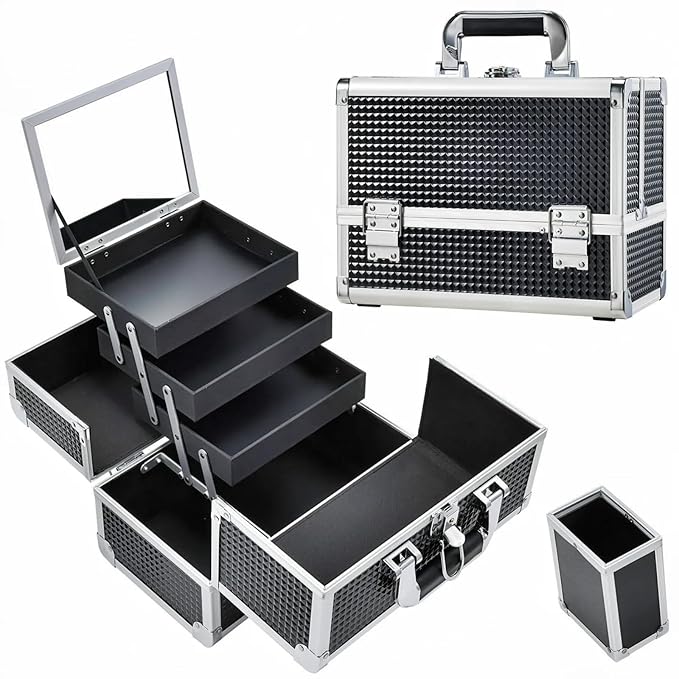 Joligrace Makeup Case 11.8 Inch Makeup Train Case Make-up Cosmetic Storage Box Shiny Black i##e##s: Large ^^ 3-Tray ^^ with Mirror ^^ with Brush Holder ^^ Lockable ^^ Makeup Organizer Carrying Case ^^ Organizer Box :i##e##s