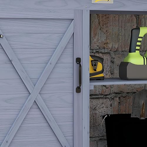 Miniatura 8 de Outsunny Banco de madera para macetas, mesa para macetas al aire libre con armario de almacenamiento, estantes de almacenamiento, mesa de aluminio