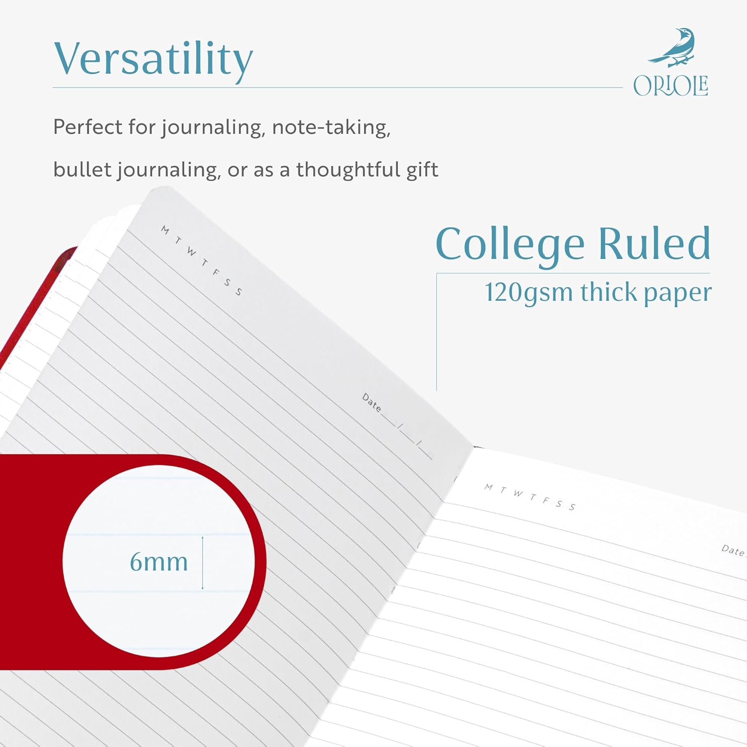 Oriole Vegan Leather Ruled Notebook - Cherry Red | 176 Pages of Thick Lined Paper | Soft Touch Hardcover Journal (5 x 8 in) with Gold Foil Bird Design & Luxury Gift Box
