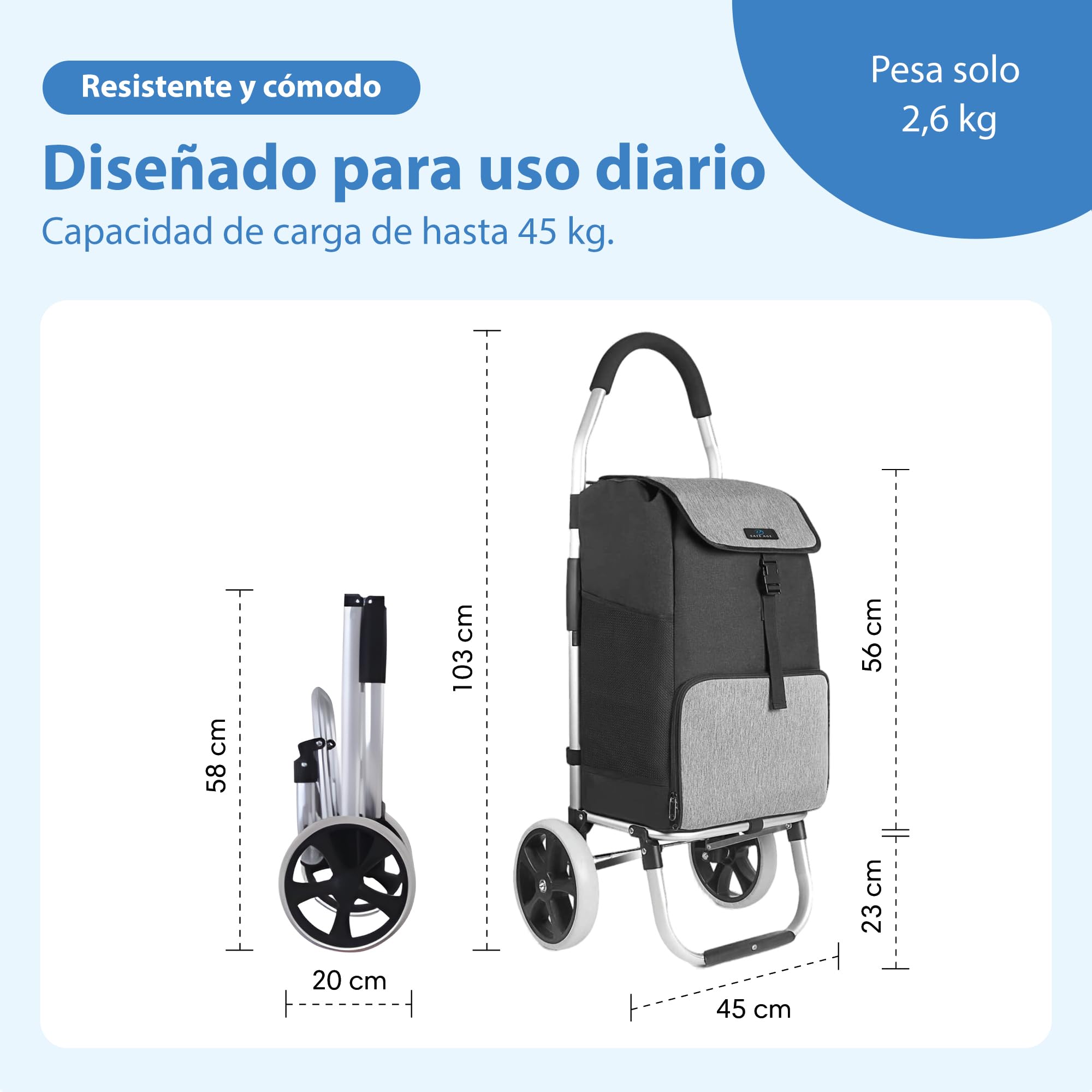 Safe Age Carro de la Compra con Ruedas 45 L - Plegable con Compartimento Refrigerador y Sistema de Acople para Carrito de Supermercado