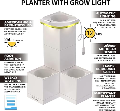 Miniatura 4 de LeGrow Maceta de interior con luz LED de crecimiento, temporizador automático de 12 horas, 7 días sin riego, 2 macetas de riego automático para
